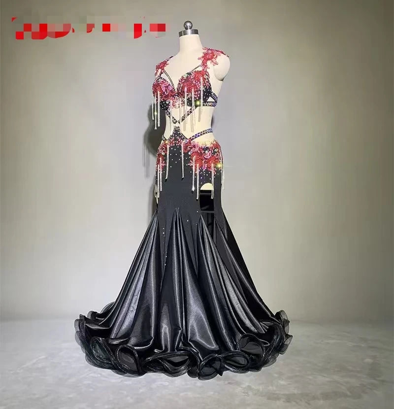 Customized Belly Dance Performance Costume Original Design Temperament Black Hip Hugging Big Swing Skirt Belly Dancing Bra Suit
