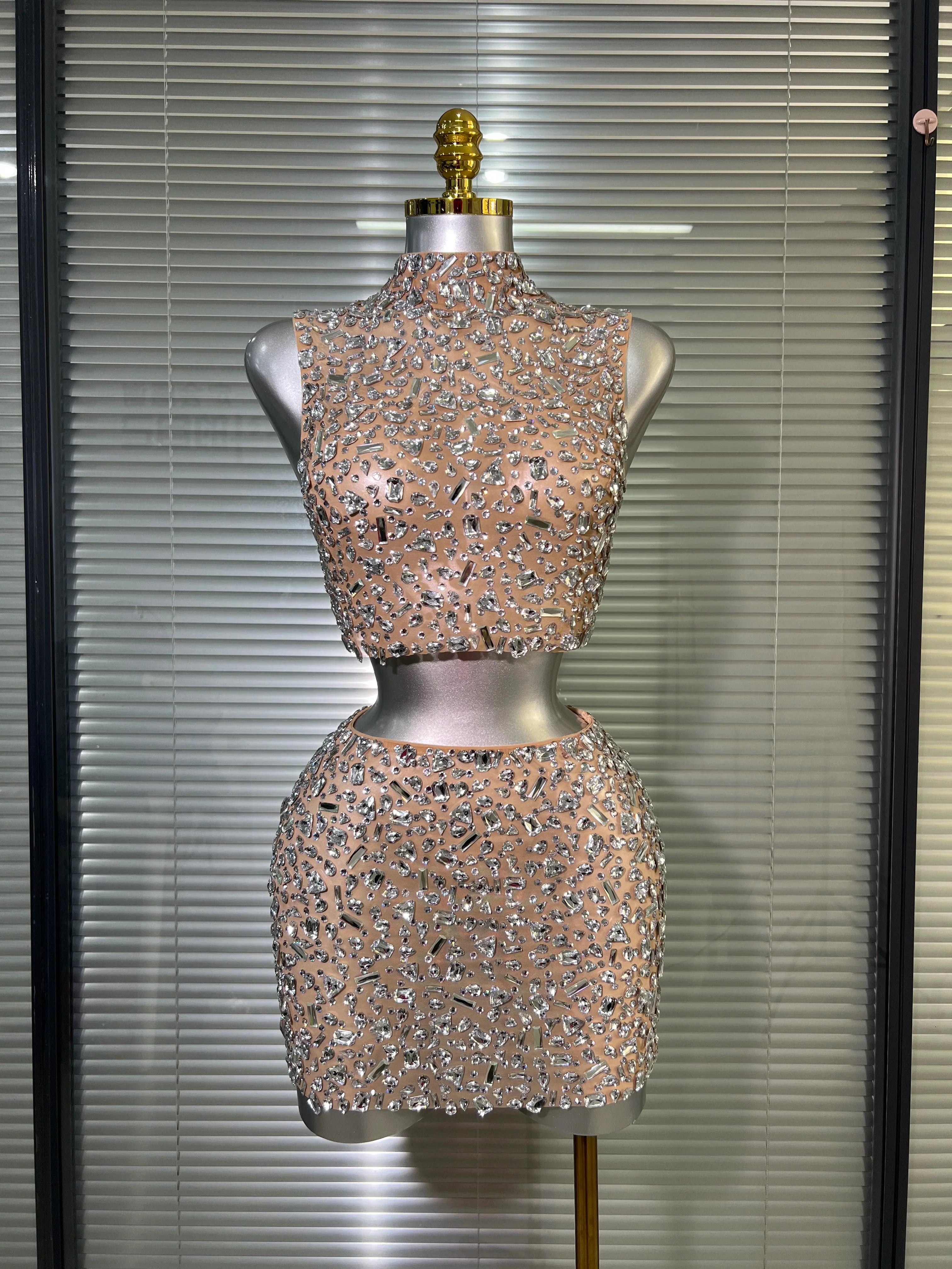 Women Sexy Two Pieces Set Women Skin Crystal Diamond Night Club Skirt Suits Singer Dancer See Through Stage Performance Costume