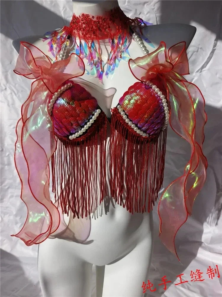 Women Bikini Top Bra Mermaid Sequin Shell Aquarium Bar Lolita Show Outfit Fishtail Leather Halloween Cosplay Costumes