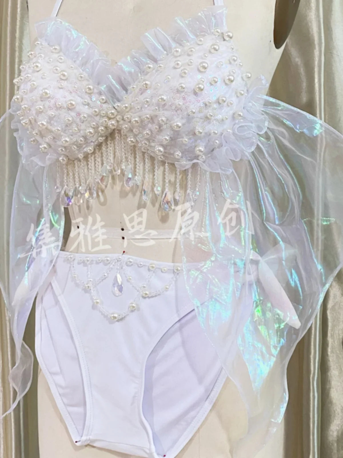 Original Design Handwork Mermaid Swimsuit Beads Tassel Pearl Bikini Set Dream Free Diving Brassiere Performing Cos Bra Swimwear