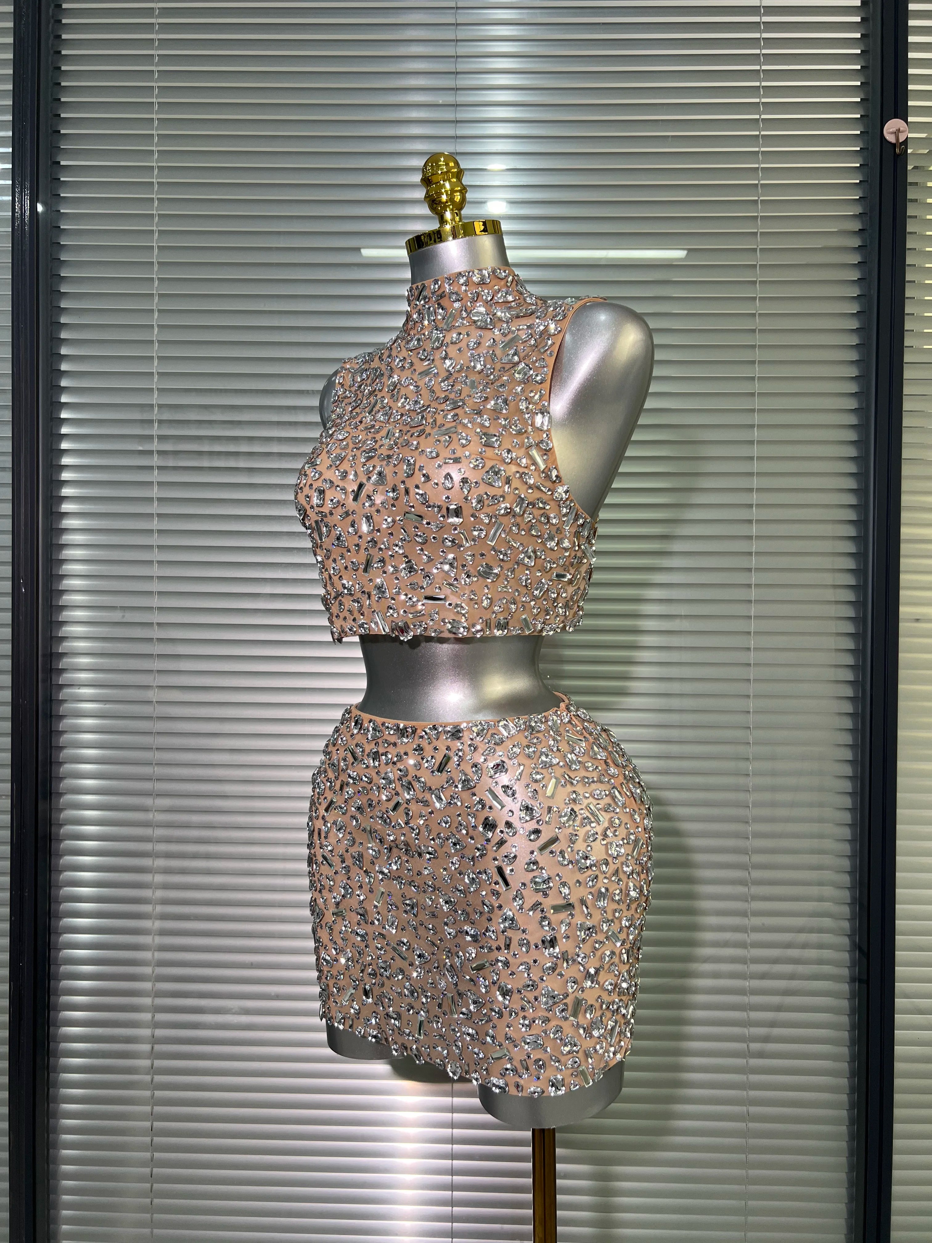 Women Sexy Two Pieces Set Women Skin Crystal Diamond Night Club Skirt Suits Singer Dancer See Through Stage Performance Costume