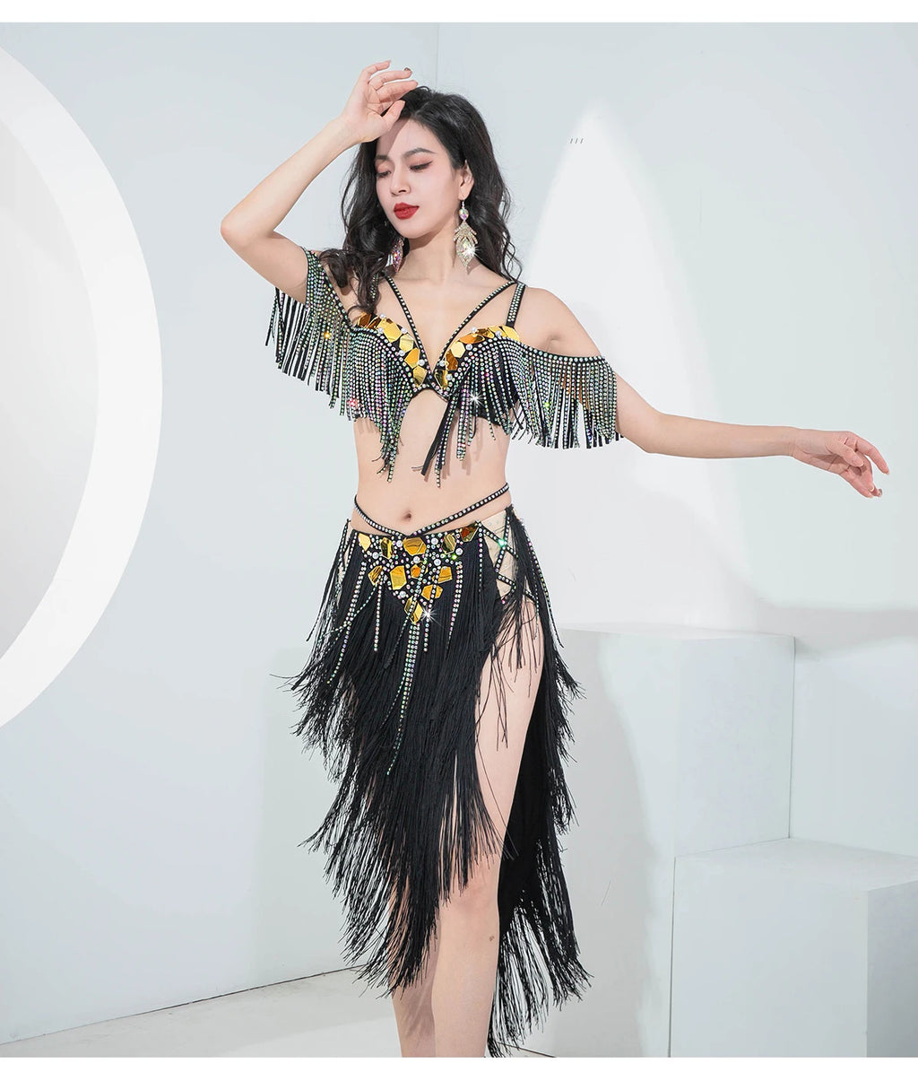 Sexy Women Drum Solo Dance Opening Dance Costume Competition Belly Dance Oriental Beaded Bra Fringes Hip Skirt 2pcs Outfit