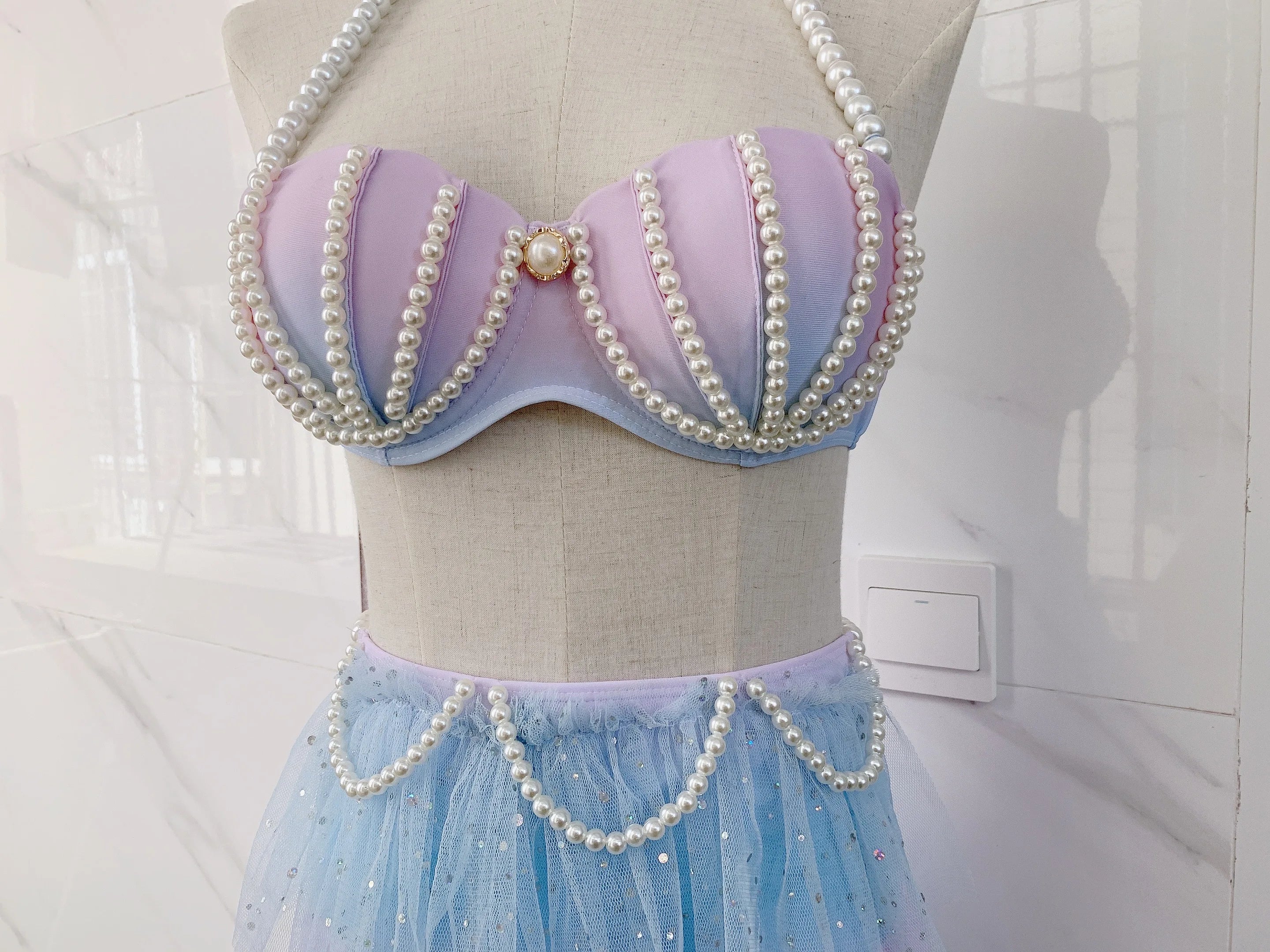 Mermaid Hand-Sewn Pearl Gradient Shells Swimsuit Split Bikini Large Breasts Small Breasts Steel Bra Swimsuit