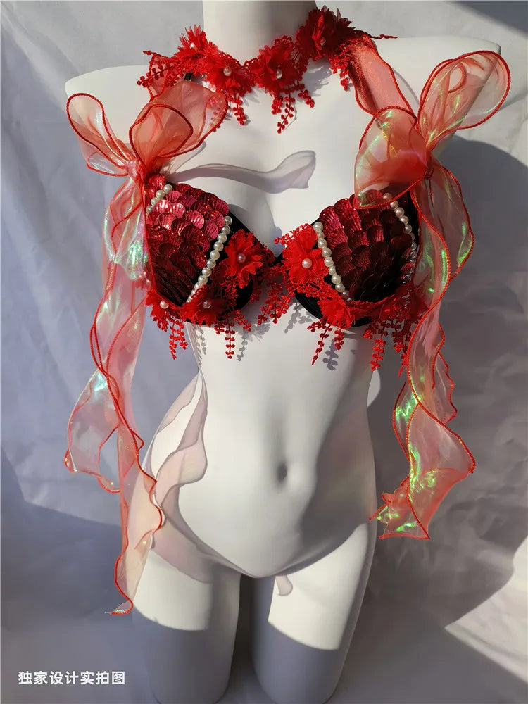 RM Handmade Mermaid Sequin Shell Bikini Top Bra Oceanarium Bar Table Performance Costume Fishtail Leather