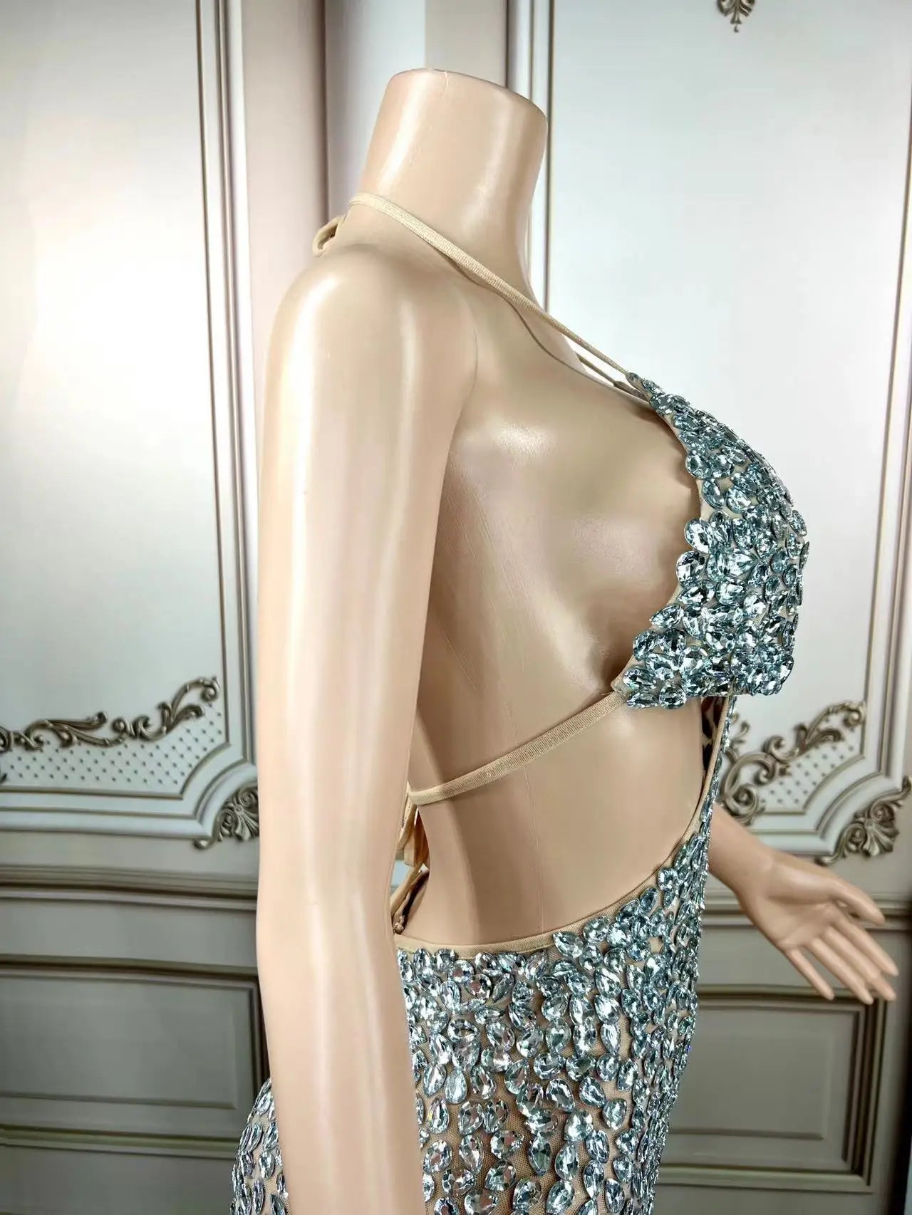 Full Silver Big Rhinestones Bright Bra MINI Dress Birthday Celebrate Sexy Performance Outfit Female Singer Stage Wear Plus Size