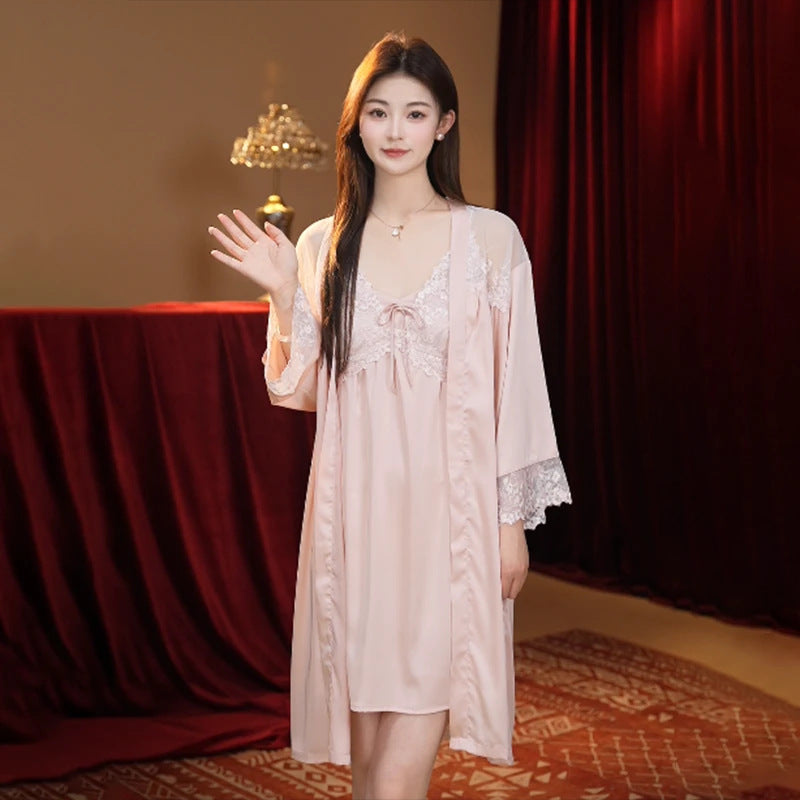 Sexy Nightdress Lace Bow Robe Hanging Two-piece Set