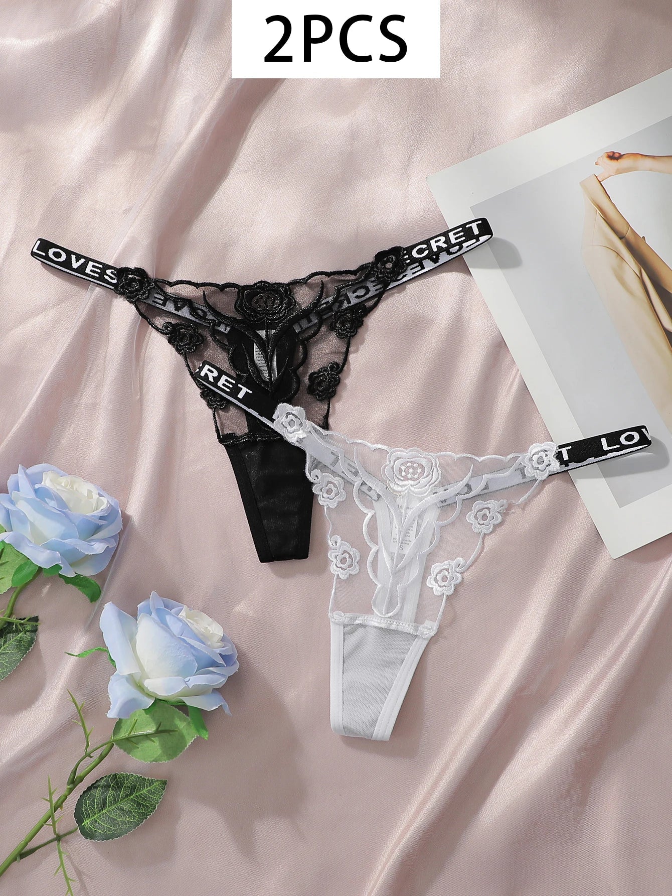 2pcs Ladies' New Lace Sexy Black And White Embroidered Flower Print Sexy Set Thong Underwear C2648