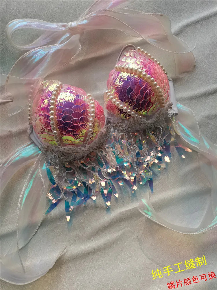 Mermaid Sequins Seashell Bikini Top Bra Oceanarium Bar Table Performance Clothes Electric Festival Fishtail Leather