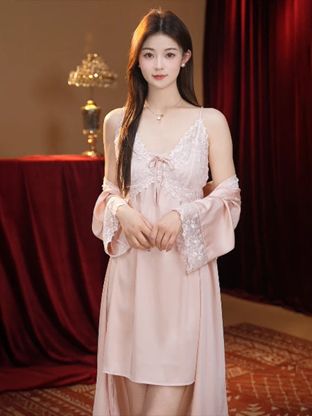 Sexy Nightdress Lace Bow Robe Hanging Two-piece Set