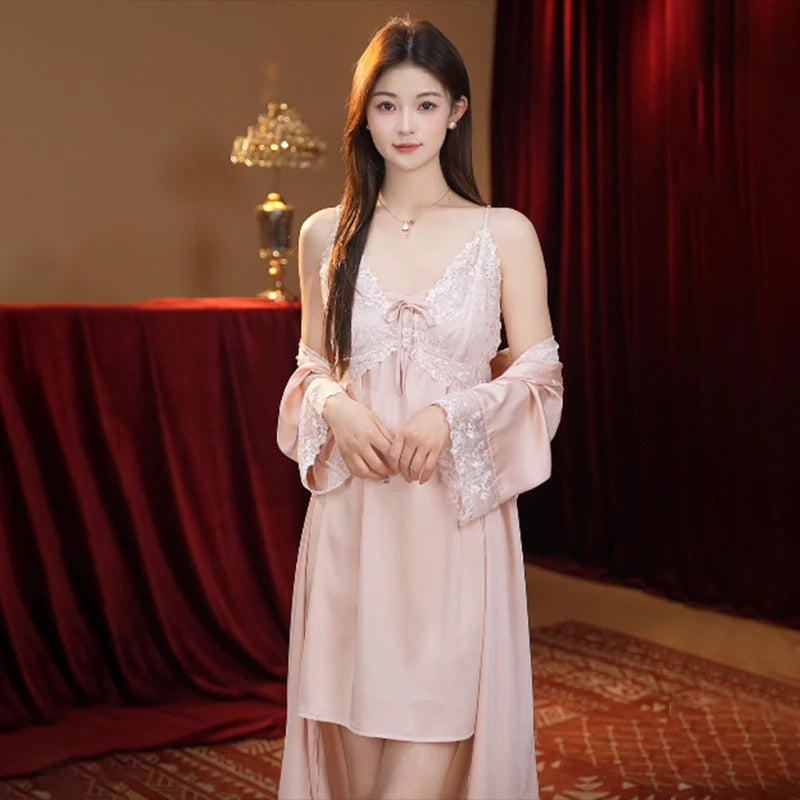 Sexy Nightdress Lace Bow Robe Hanging Two-piece Set