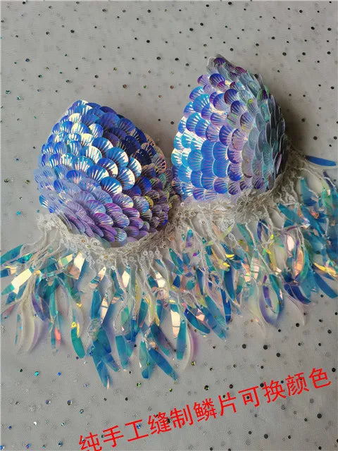 Handmade Mermaid Sequins Seashell Bikini Top Bra Oceanarium Bar Table Performance Costume Fishtail Leather