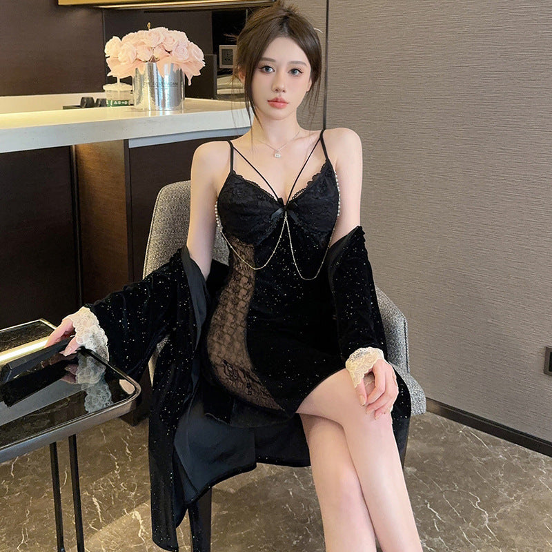 Long Sleeve Diamondmax Velvet Starry Two-piece Nightdress