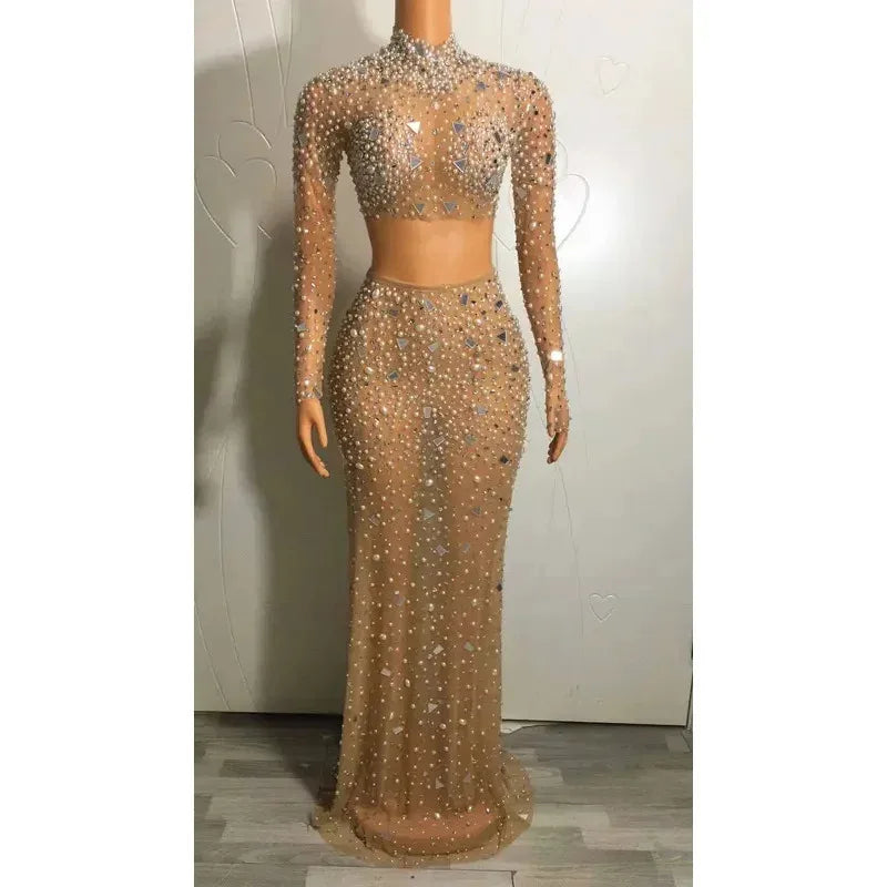 2026 Flashing Rhinestones Mirror Pearl Transparent Top Skirt Evening Outfit Birthday Celebrate 2 Pieces Set Women Dancer Costume