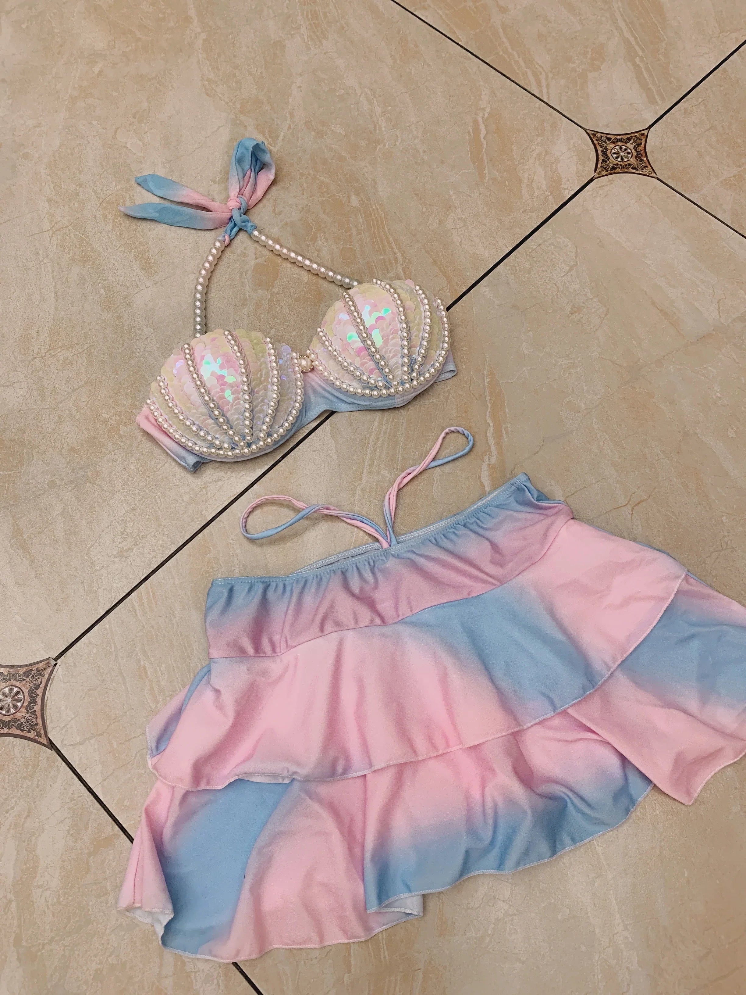 Mermaid Sequin Corset Short Skirt Pearl Corset For Free Diving Bikini Oceanarium Performance Cosplay Bra