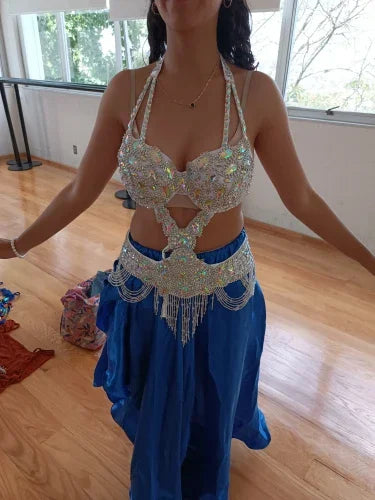 Women Sexy Belly Dance Beaded Top Bra & Belt 2pieces Belly Dance Costume Outfit Set Female Bollytwood Dance Costume 3 Colors