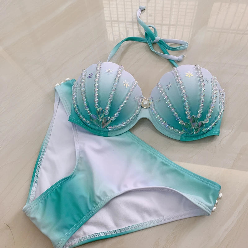 New Korean Ins Sexy Swimming Mermaid Corset Sequin Pearl Bra Panties Beach Bikini Oceanarium Mermaid Show Corset