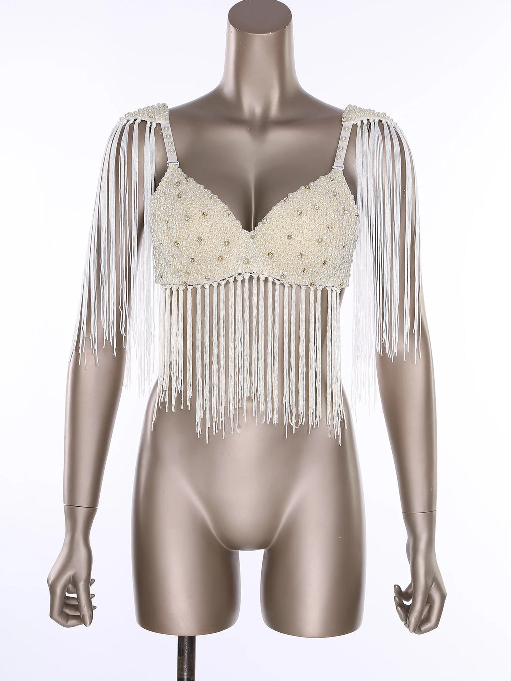 Women Belly Dance Fringe Bra Allover Plastic Beads Tassel Trim Push-up Bra Top with Shoulder Boards for Latin Indian Dance Party