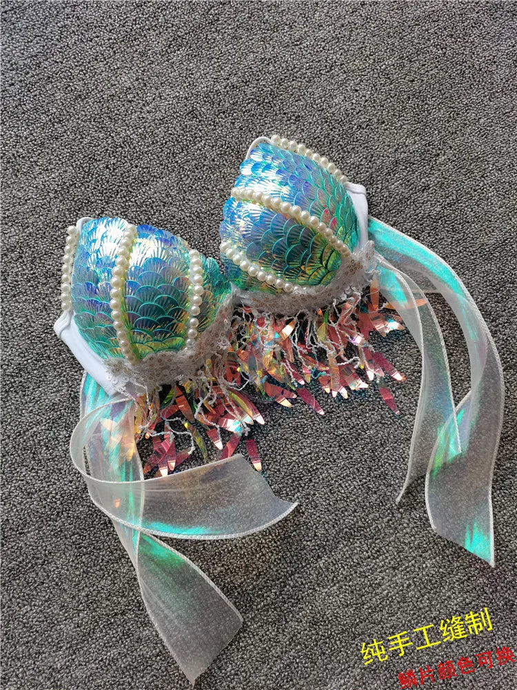 Handmade Mermaid Sequins Seashell Bikini Top Bra Oceanarium Bar Table Performance Costume Fishtail Leather