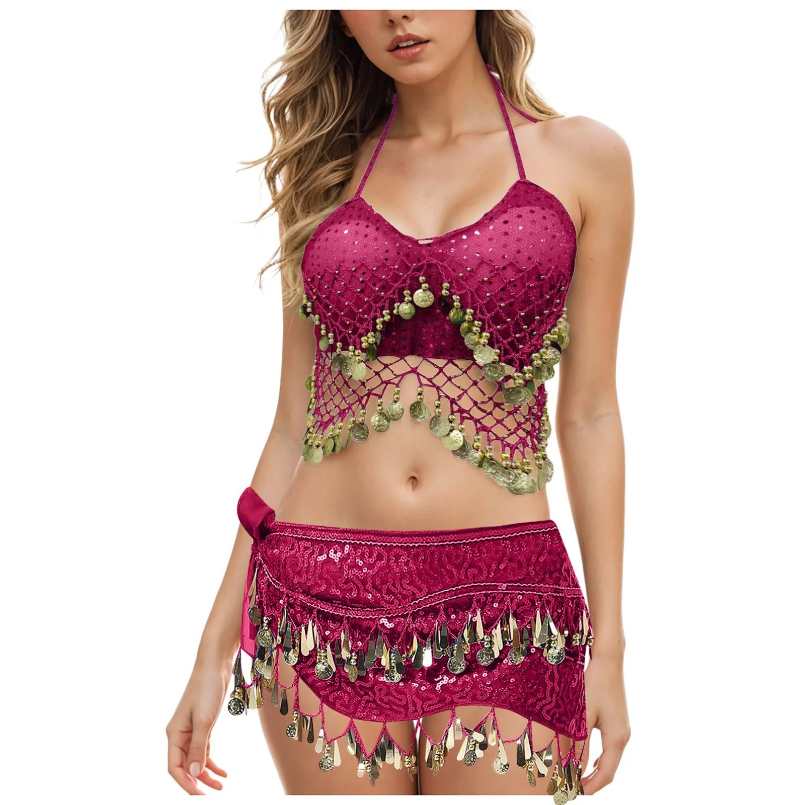 Belly Dance Costume For Women Beads Crisp Tassel Crop Top Halter Suspenders Underwear Performance Party Women'S Clothing 밸리댄스복