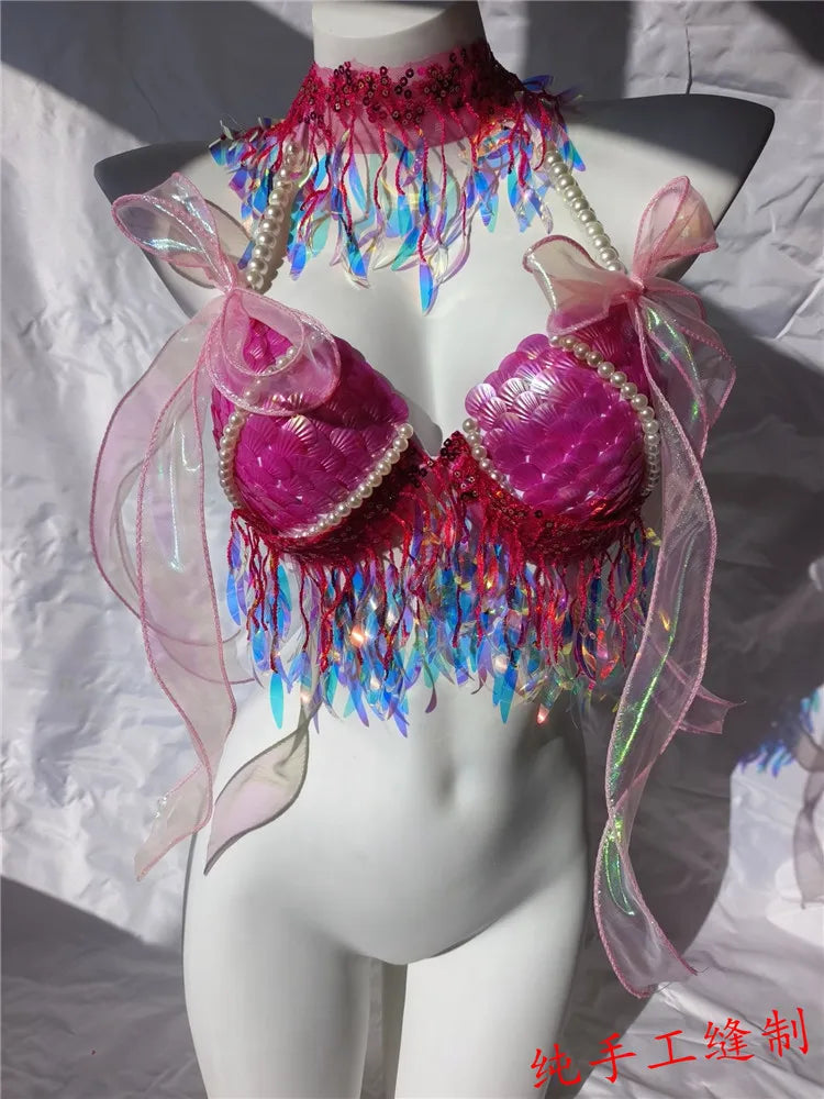 RM Handmade Mermaid Sequin Shell Bikini Top Bra Oceanarium Bar Table Performance Costume Fishtail Leather