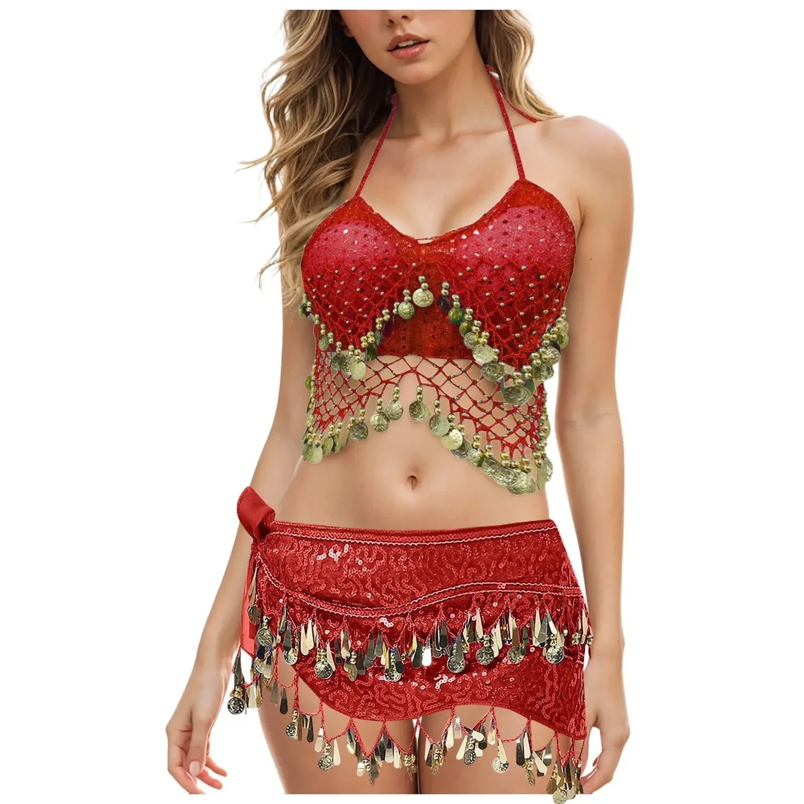 Belly Dance Costume For Women Beads Crisp Tassel Crop Top Halter Suspenders Underwear Performance Party Women'S Clothing 밸리댄스복