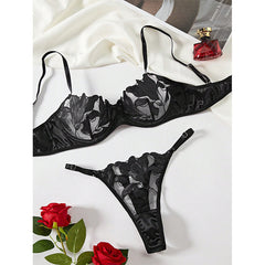 Lace Embroidery Mesh See-through Sexy Lingerie Set