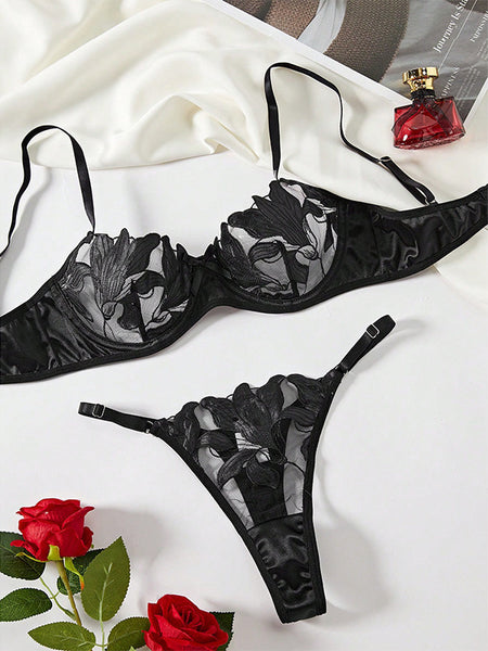 Lace Embroidery Mesh See-through Sexy Lingerie Set