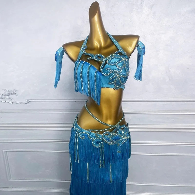 Customized Belly Dance Suit for Women Practice Outfit Oriental Dance Costume Lake Blue Tassels Bra Skirt Latin Performance Dress