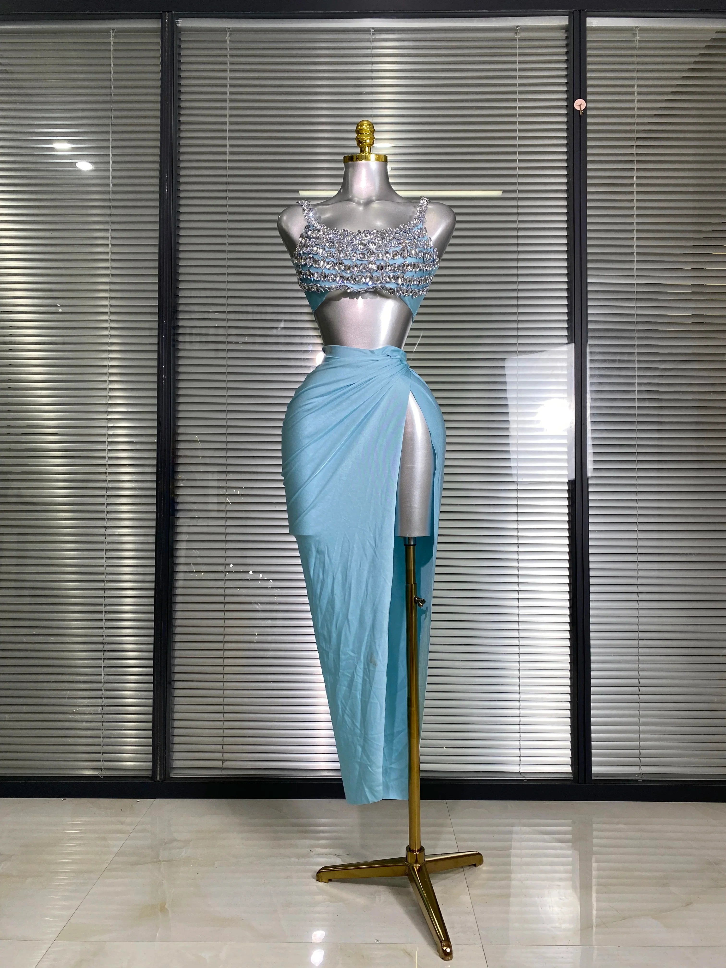 New Women Sexy Two Pieces Set Stretched Crystal Diamonds Night Club Skirt Suits Laced Singer Dancer Stage Performance Costume