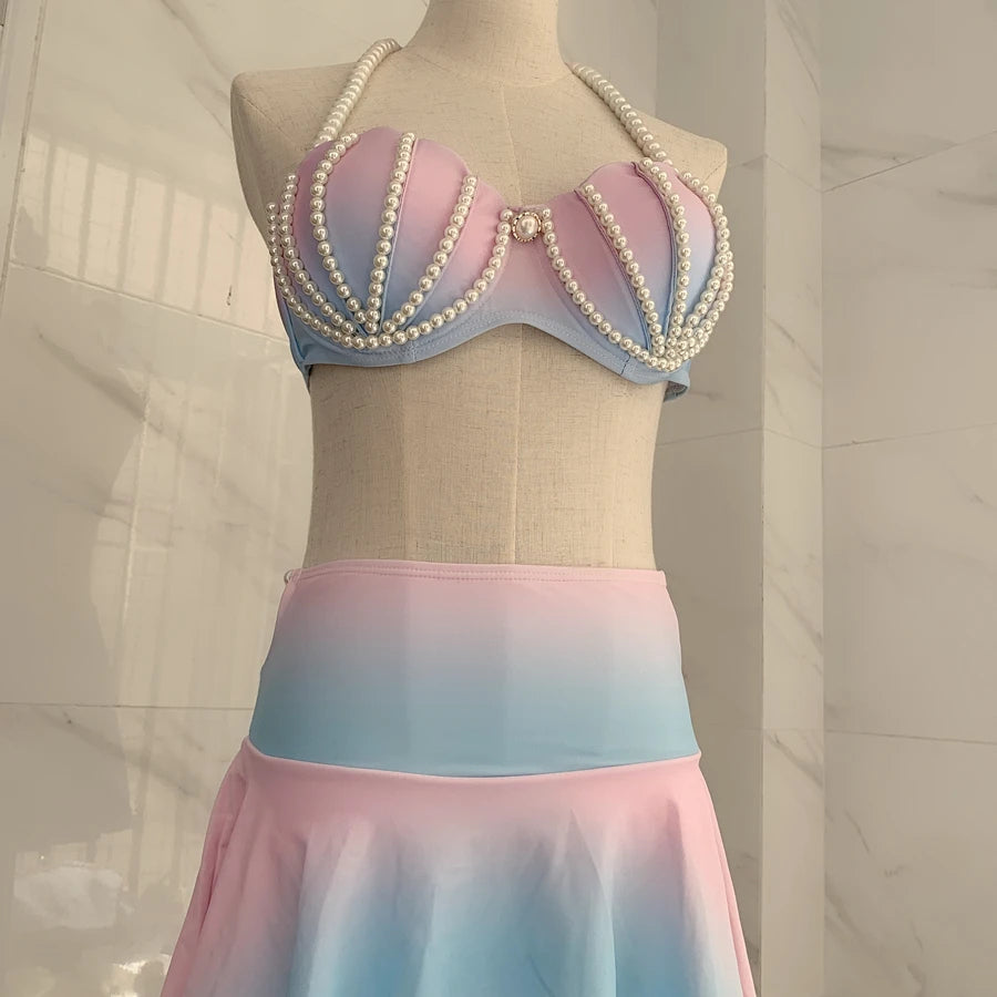 Mermaid Hand-Sewn Pearl Gradient Shells Swimsuit Split Bikini Large Breasts Small Breasts Steel Bra Swimsuit