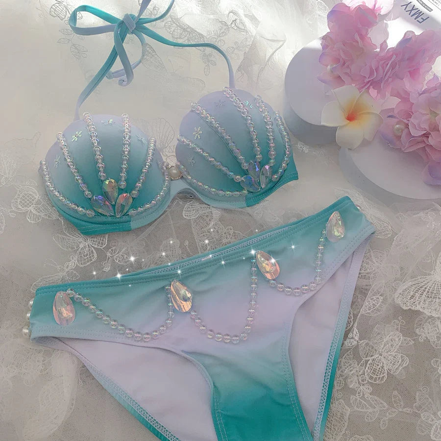New Korean Ins Sexy Swimming Mermaid Corset Sequin Pearl Bra Panties Beach Bikini Oceanarium Mermaid Show Corset