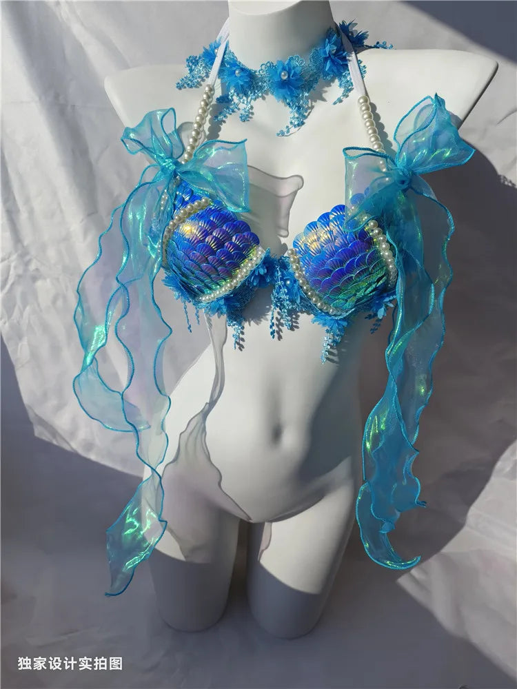 RM Handmade Mermaid Sequin Shell Bikini Top Bra Oceanarium Bar Table Performance Costume Fishtail Leather