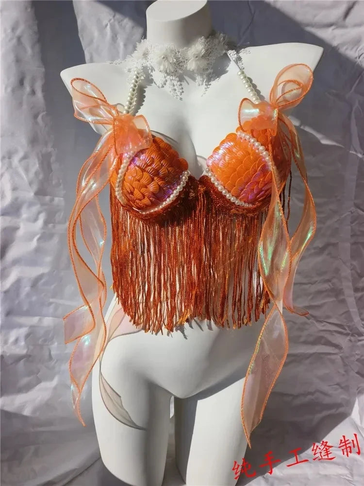Women Bikini Top Bra Mermaid Sequin Shell Aquarium Bar Lolita Show Outfit Fishtail Leather Halloween Cosplay Costumes