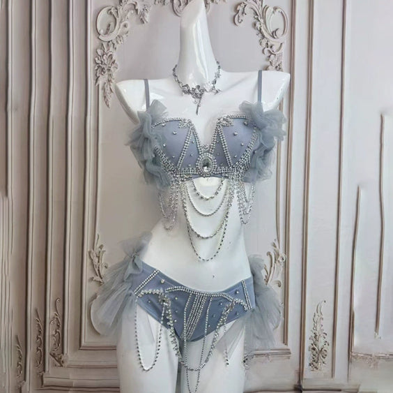 Smokey Blue Shining Chain Vacation Style Bikini Suit