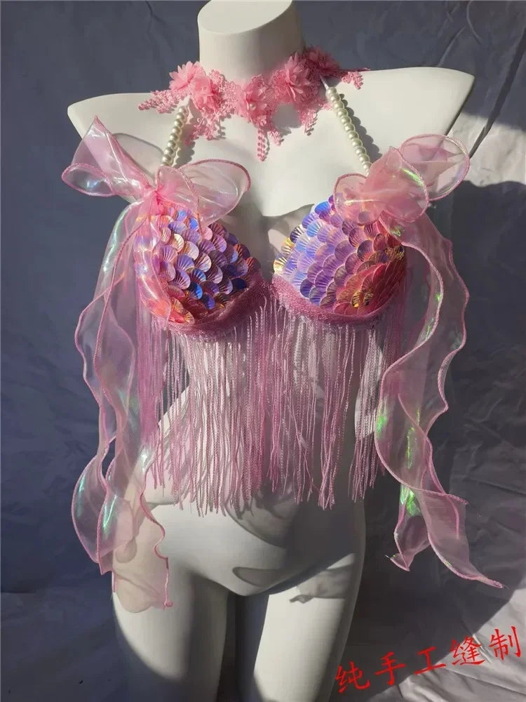 Women Bikini Top Bra Mermaid Sequin Shell Aquarium Bar Lolita Show Outfit Fishtail Leather Halloween Cosplay Costumes
