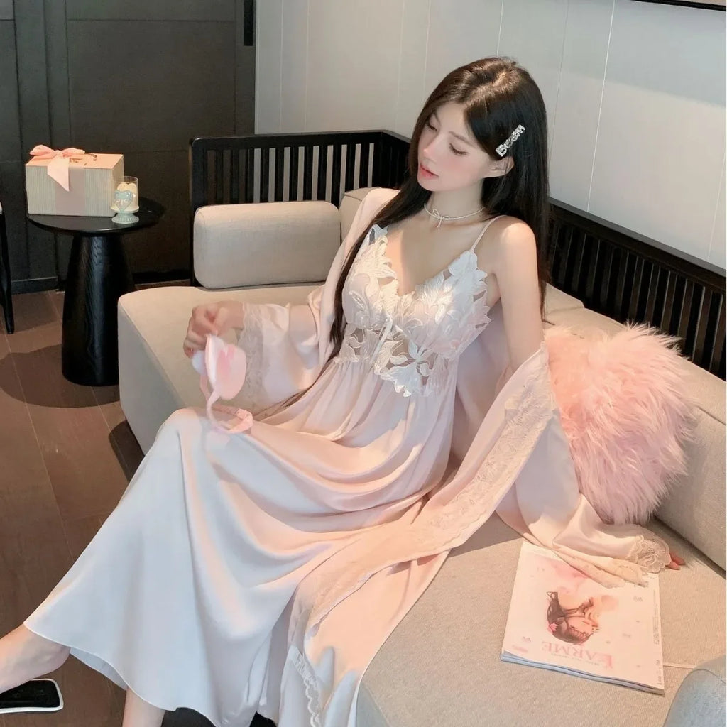 Sexy Black Lace Long Robe Nightgown Female Sleepwear 2Pcs Set Elegant Silky Satin Nightwear Nightdress Loose Homewear Lingerie