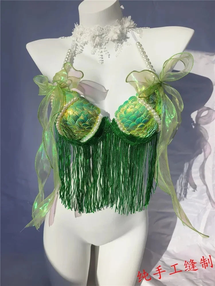 Women Bikini Top Bra Mermaid Sequin Shell Aquarium Bar Lolita Show Outfit Fishtail Leather Halloween Cosplay Costumes