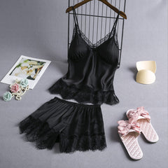 New Elastic Satin Lace Suit Nightdress With Suspenders Korean Style Suspenders