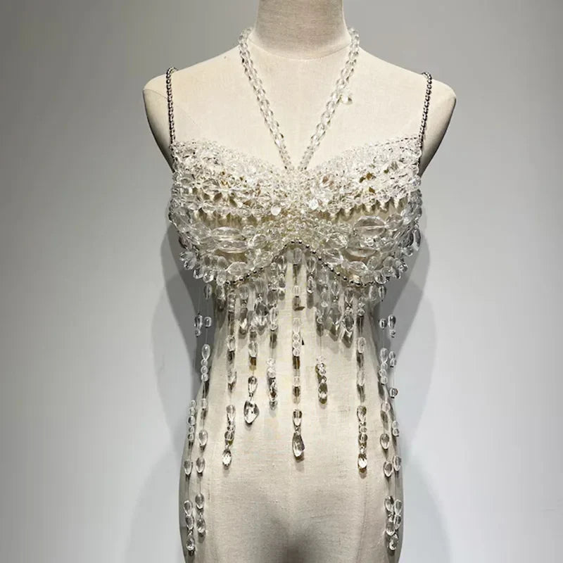 2025 Handmade Party Festival Outfit Crystal Chandelier Beaded Bra Top Body Jewelry Halter Chain Fringe Gemstone Beaded Bralette