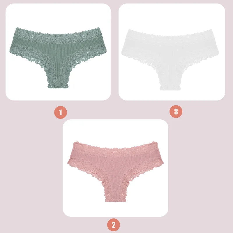 3/5PCS Lace Seamless Cotton Panties Ribbed Brazilian Pants Low Waist Women Panties Breathable Girls Underwear Plus Size Lingerie