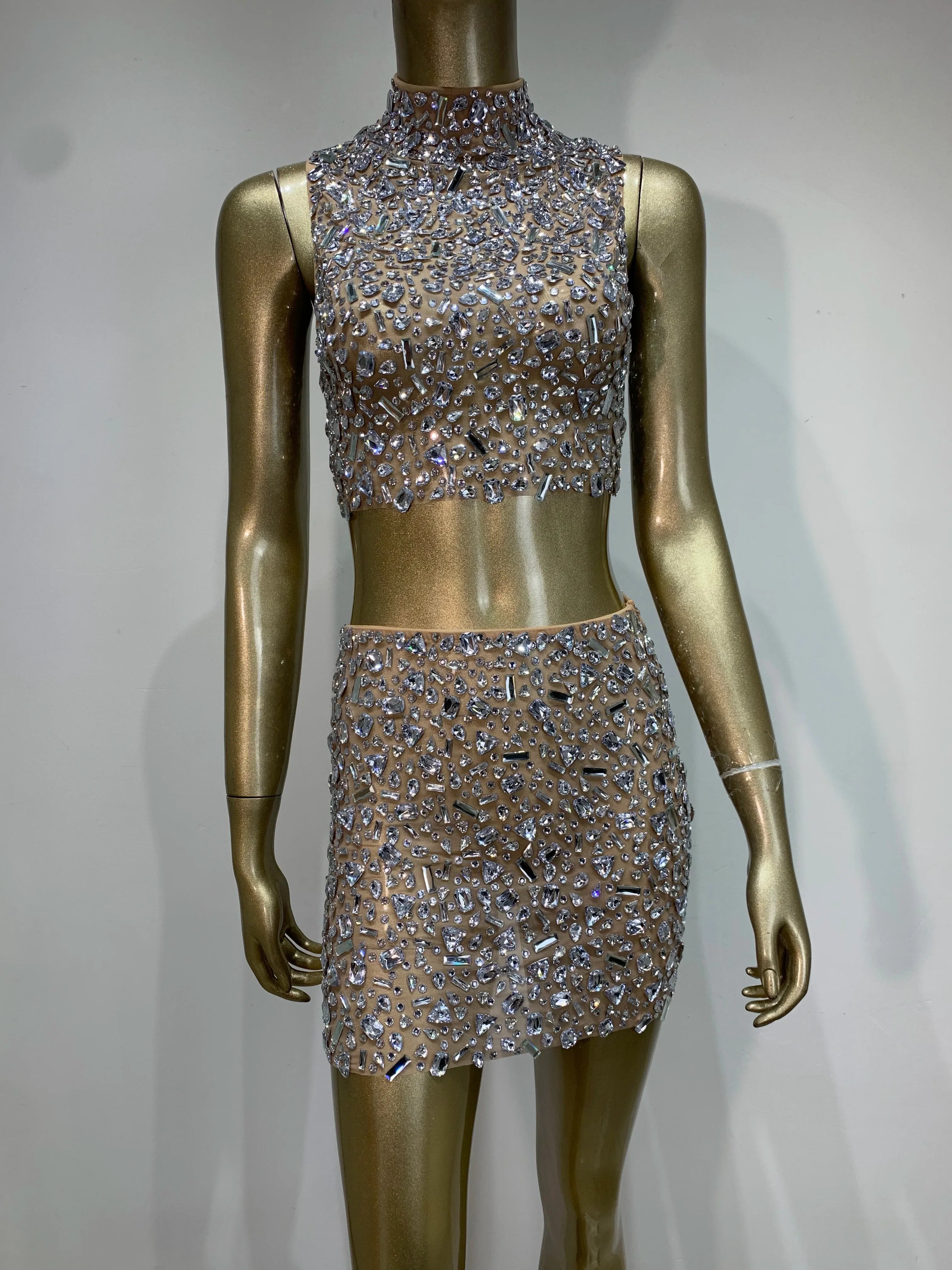 Women Sexy Two Pieces Set Sparkly Crystal Diamond Nightclub Skirt Suits Singer Dancer Mesh See Through Stage Performance Costume