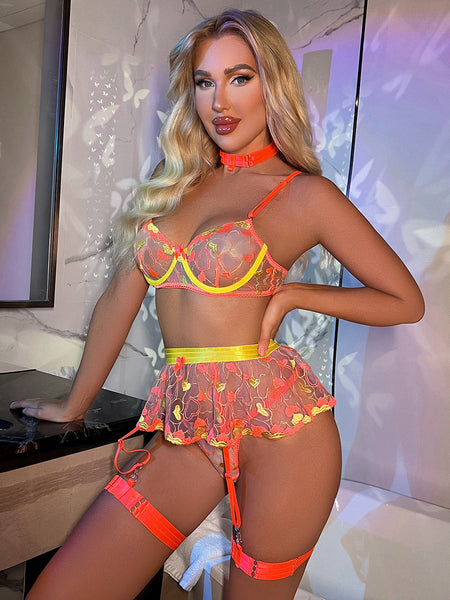 Ruffled Love Embroidered Mesh See-through Sexy Lingerie