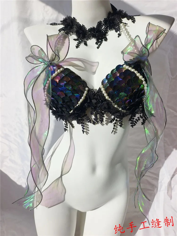 RM Handmade Mermaid Sequin Shell Bikini Top Bra Oceanarium Bar Table Performance Costume Fishtail Leather