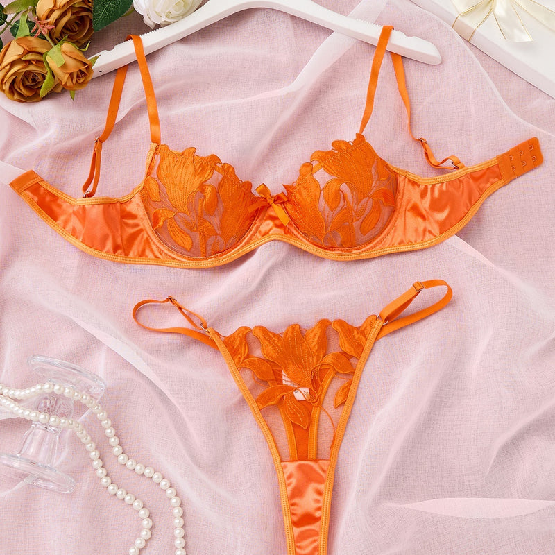 Lace Embroidery Mesh See-through Sexy Lingerie Set