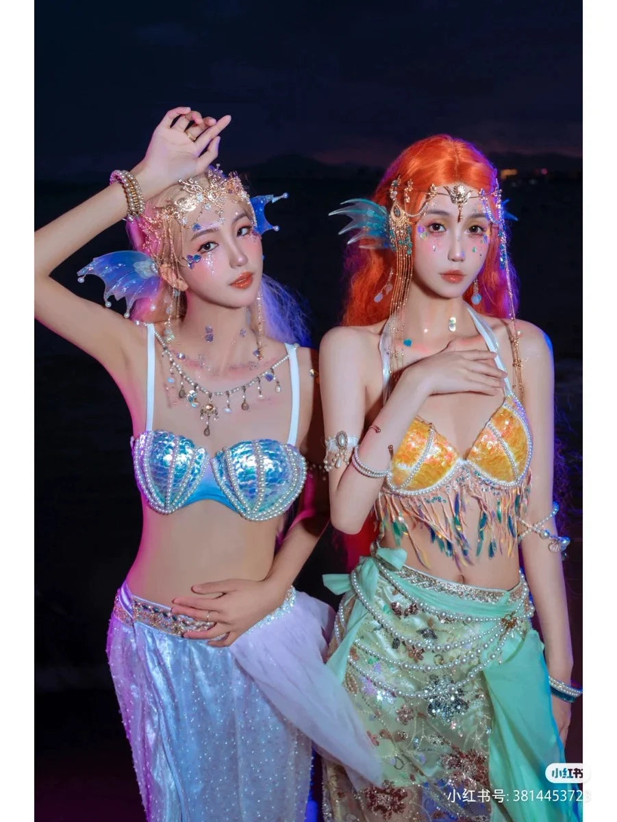 RM Original Mermaid Shell Handmade Sewing Sexy Bikini Peacock Swimsuit Oceanarium Shooting Vacation Sequin Bra