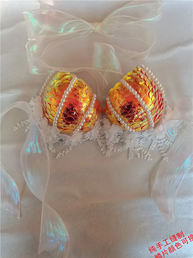 Handmade Mermaid Sequins Seashell Bikini Top Bra Oceanarium Bar Table Performance Costume Fishtail Leather