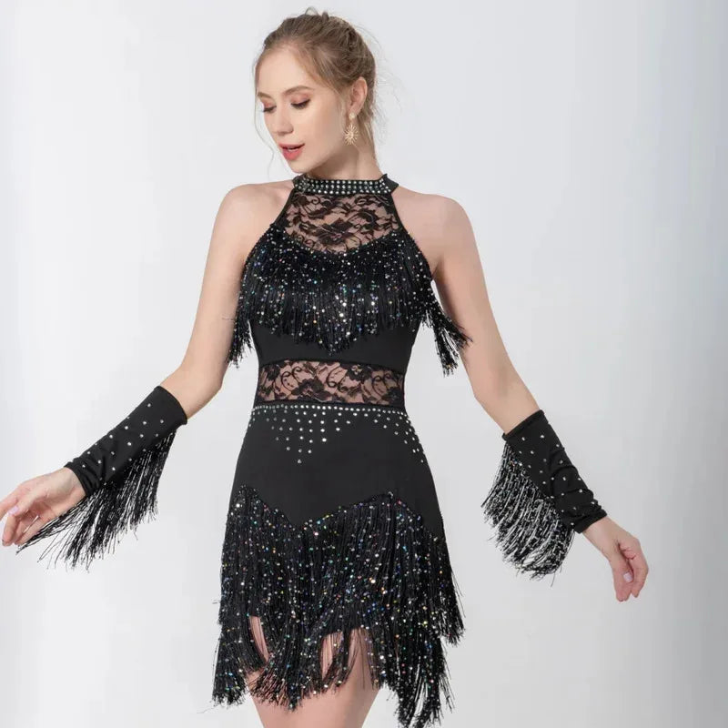 2025 Elegant Sequin Beaded Tassel Latin Dress With Sleeves For Women Sexy Lace Hollow Out Halter Sparkly Rumba -Cha Dancewear