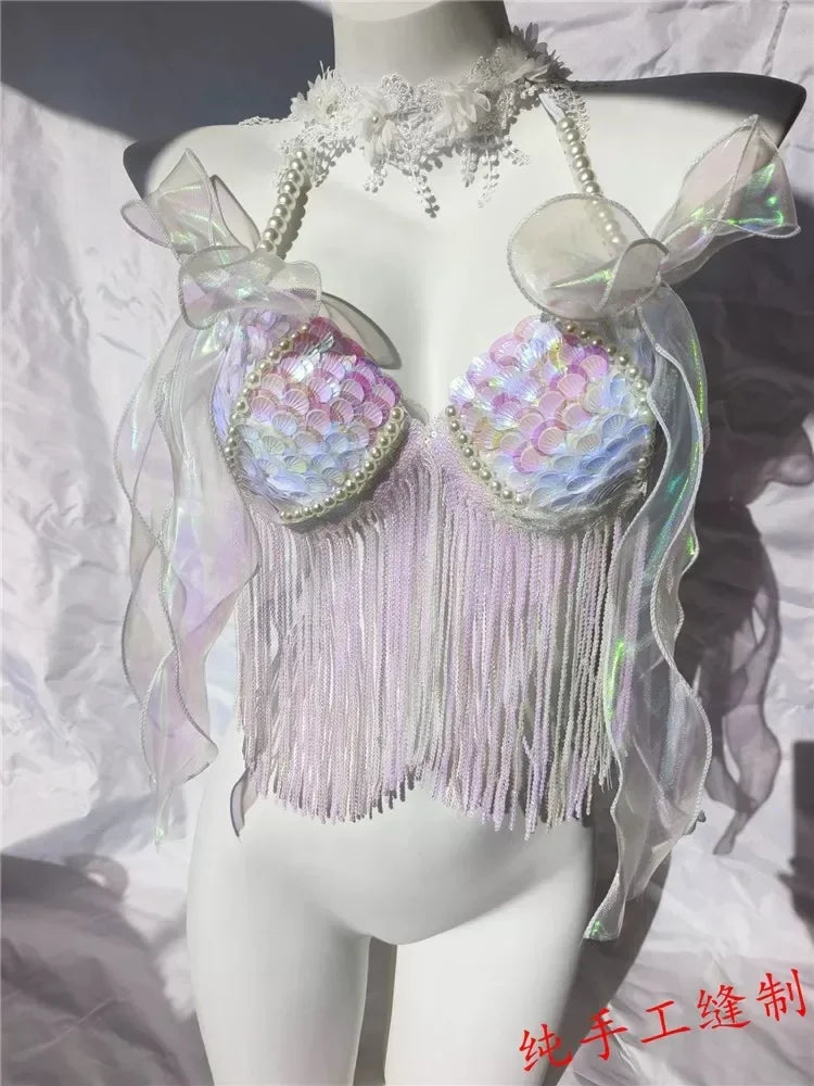 Women Bikini Top Bra Mermaid Sequin Shell Aquarium Bar Lolita Show Outfit Fishtail Leather Halloween Cosplay Costumes