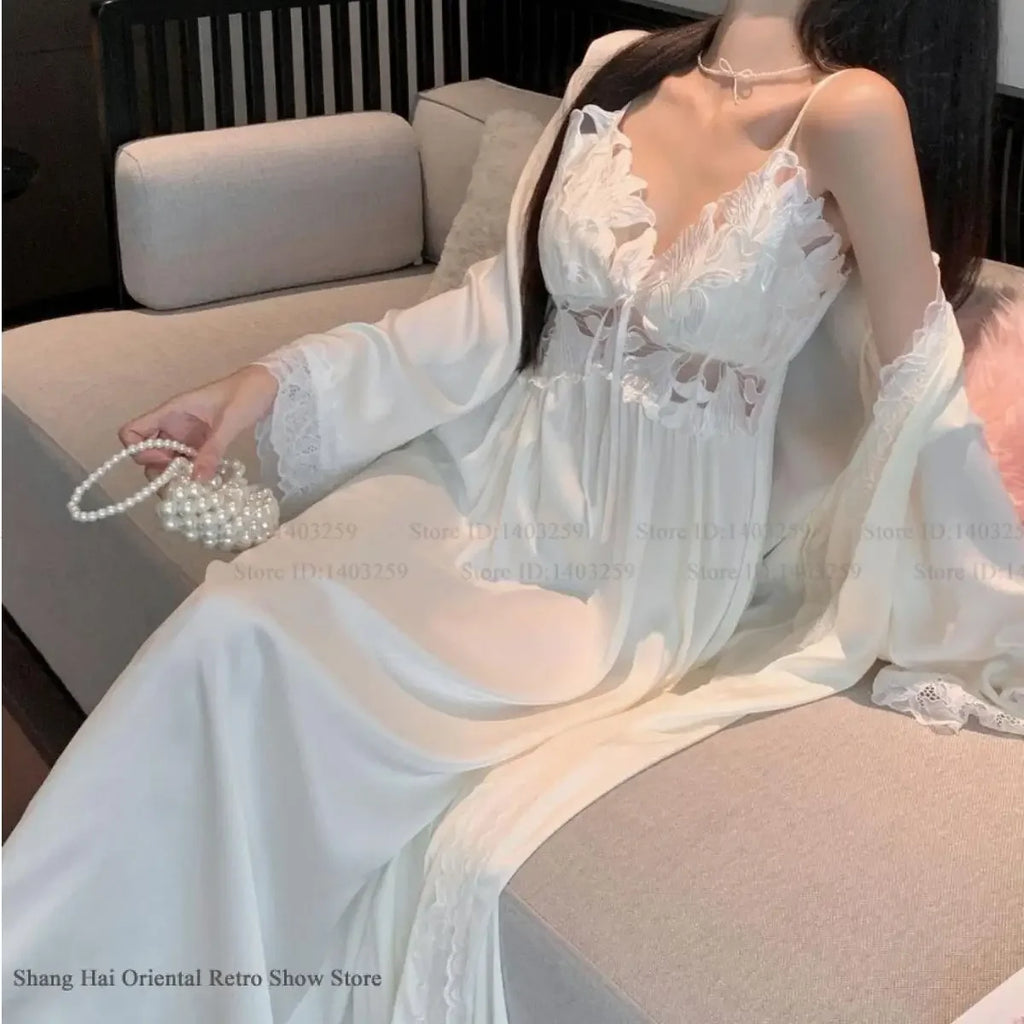Sexy Black Lace Long Robe Nightgown Female Sleepwear 2Pcs Set Elegant Silky Satin Nightwear Nightdress Loose Homewear Lingerie
