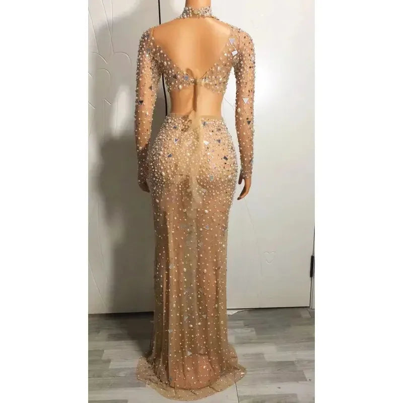 2026 Flashing Rhinestones Mirror Pearl Transparent Top Skirt Evening Outfit Birthday Celebrate 2 Pieces Set Women Dancer Costume